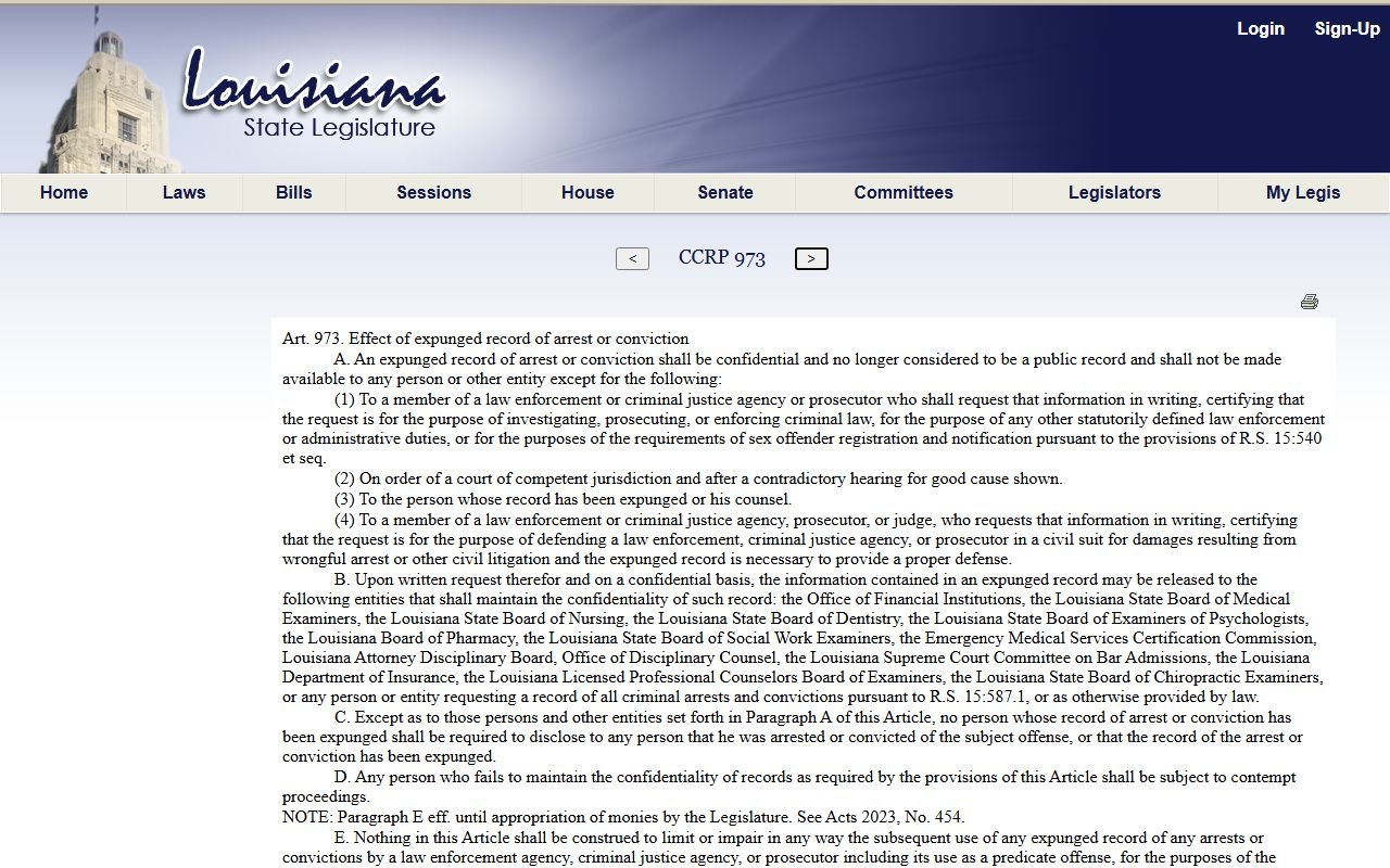 Franklin Parish arrest records expungement confidentiality law