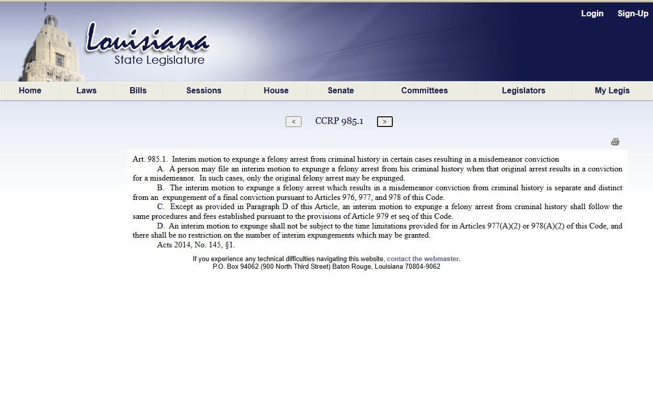 Franklin Parish arrest records interim felony arrest expungement law