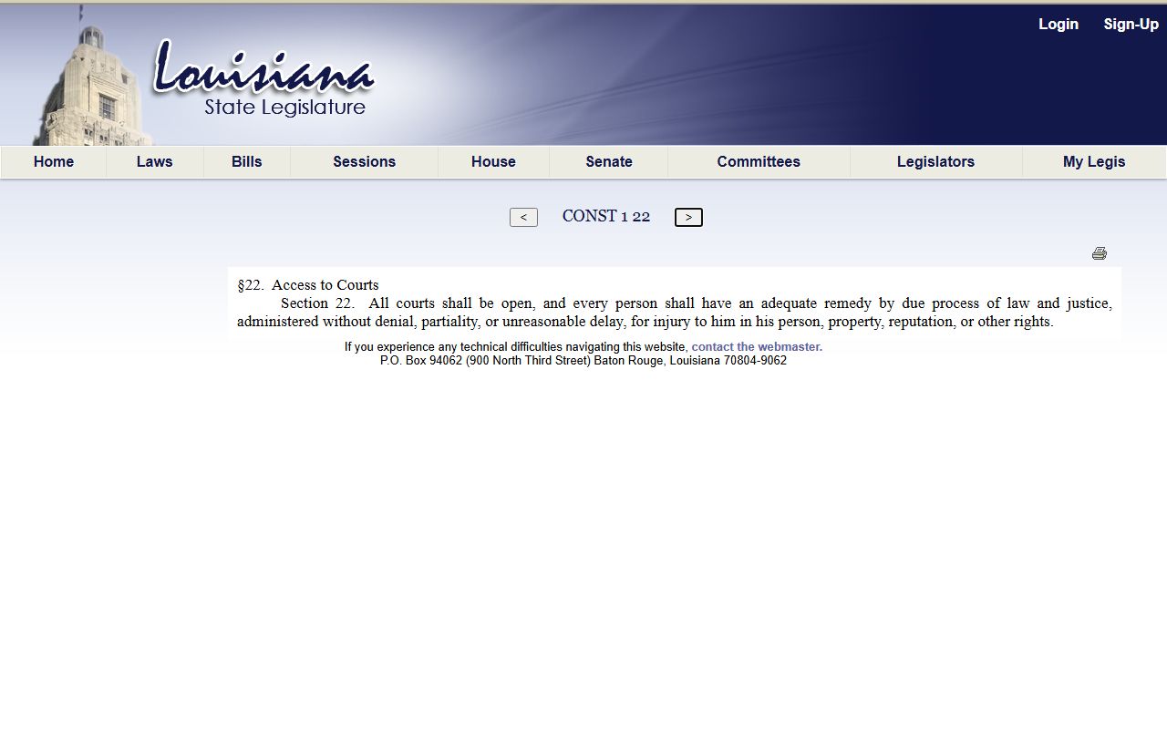 Franklin Parish court dockets Louisiana Constitution open courts provision