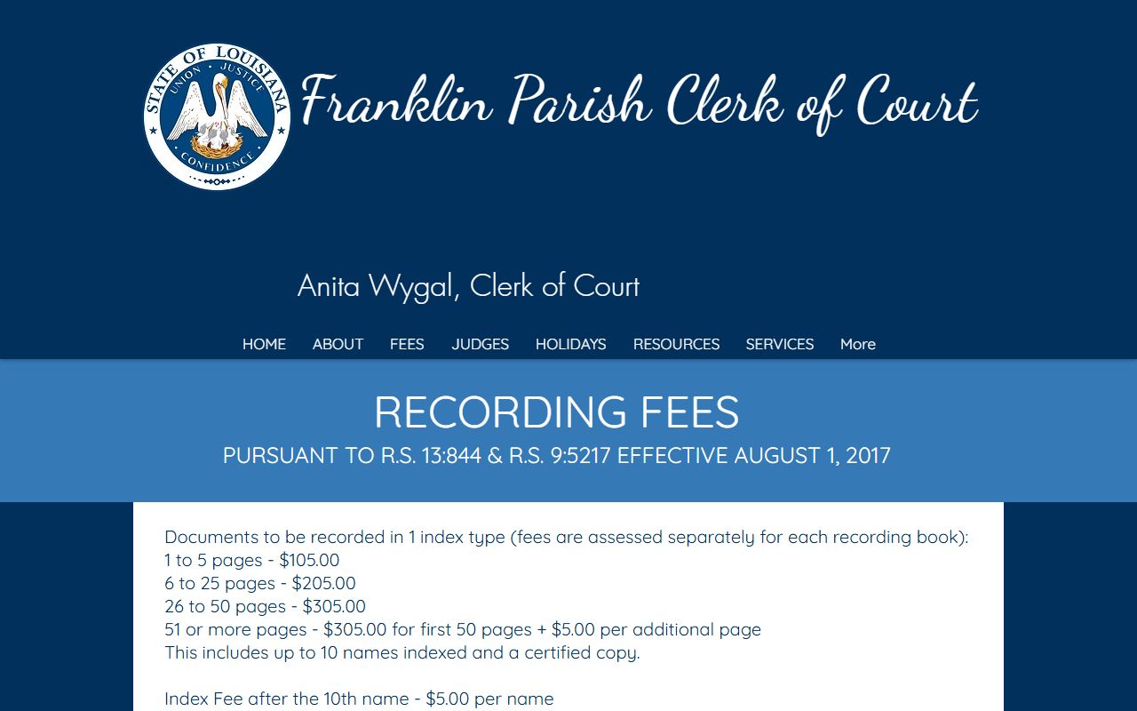 Franklin Parish court records recording and copy fees