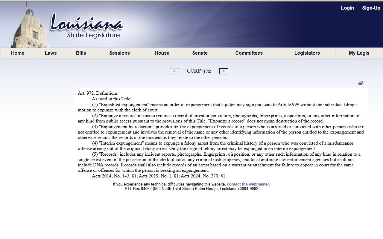 Franklin Parish criminal court records expungement law