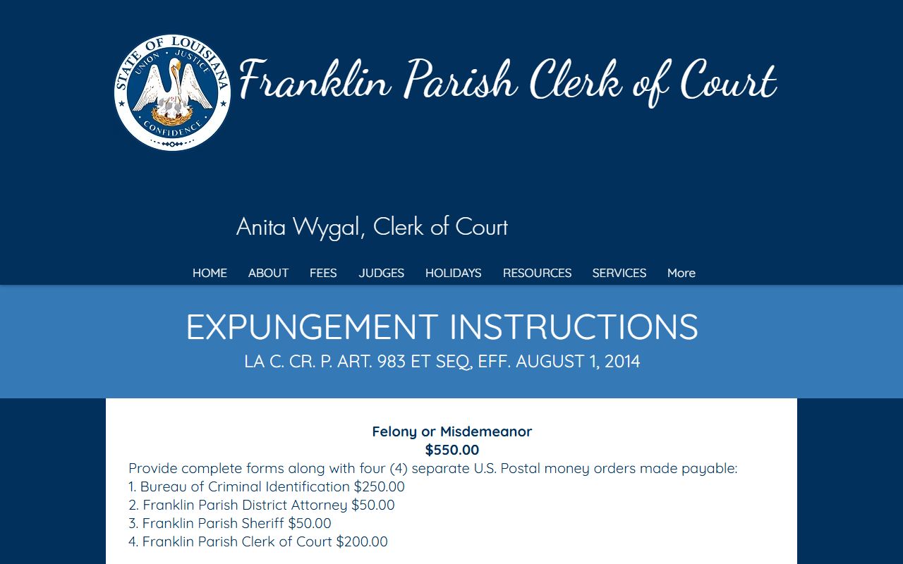 Franklin Parish criminal court records expungement instructions