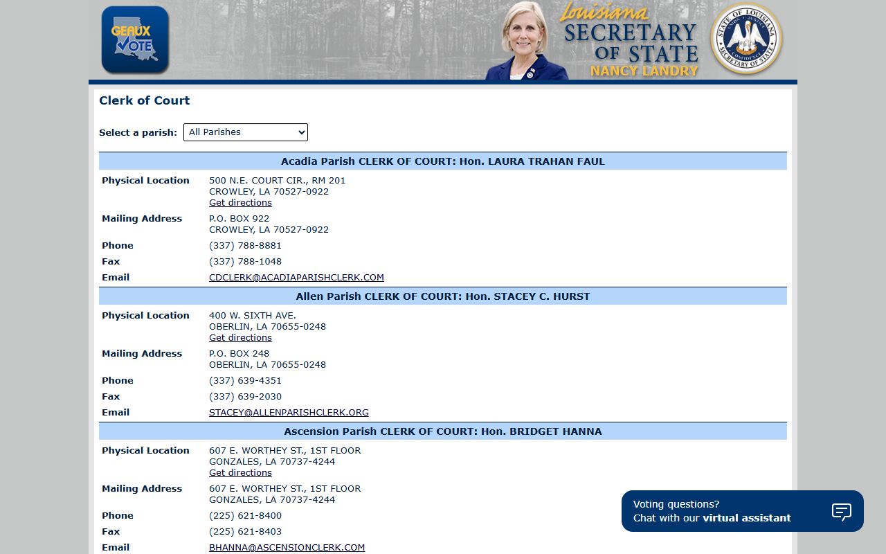 Franklin Parish court records Secretary of State clerk directory