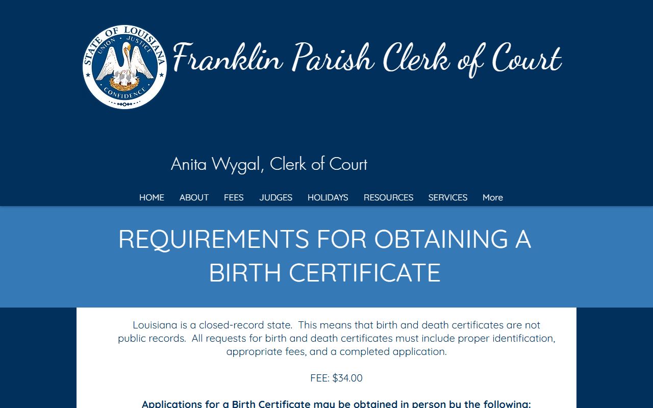 Franklin Parish marriage records birth certificate service reference
