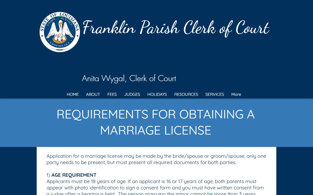 Franklin Parish marriage records license requirements from the Clerk of Court